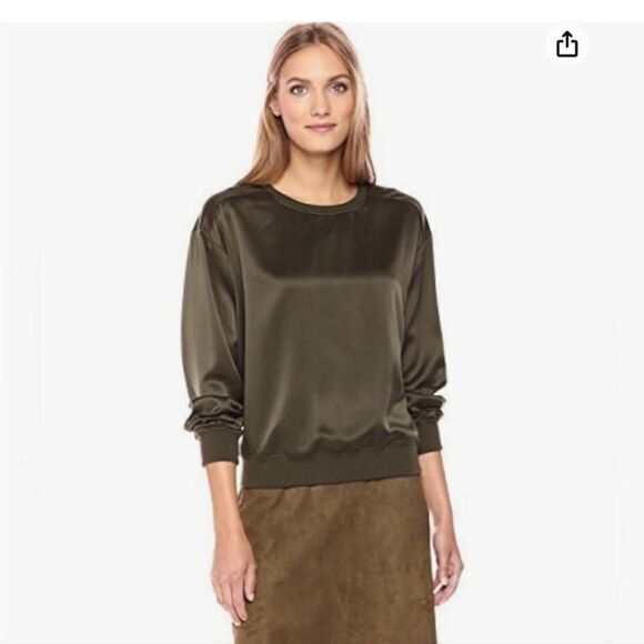 Theory Tops - Theory Massar Olive Green Silk Satin Crewneck